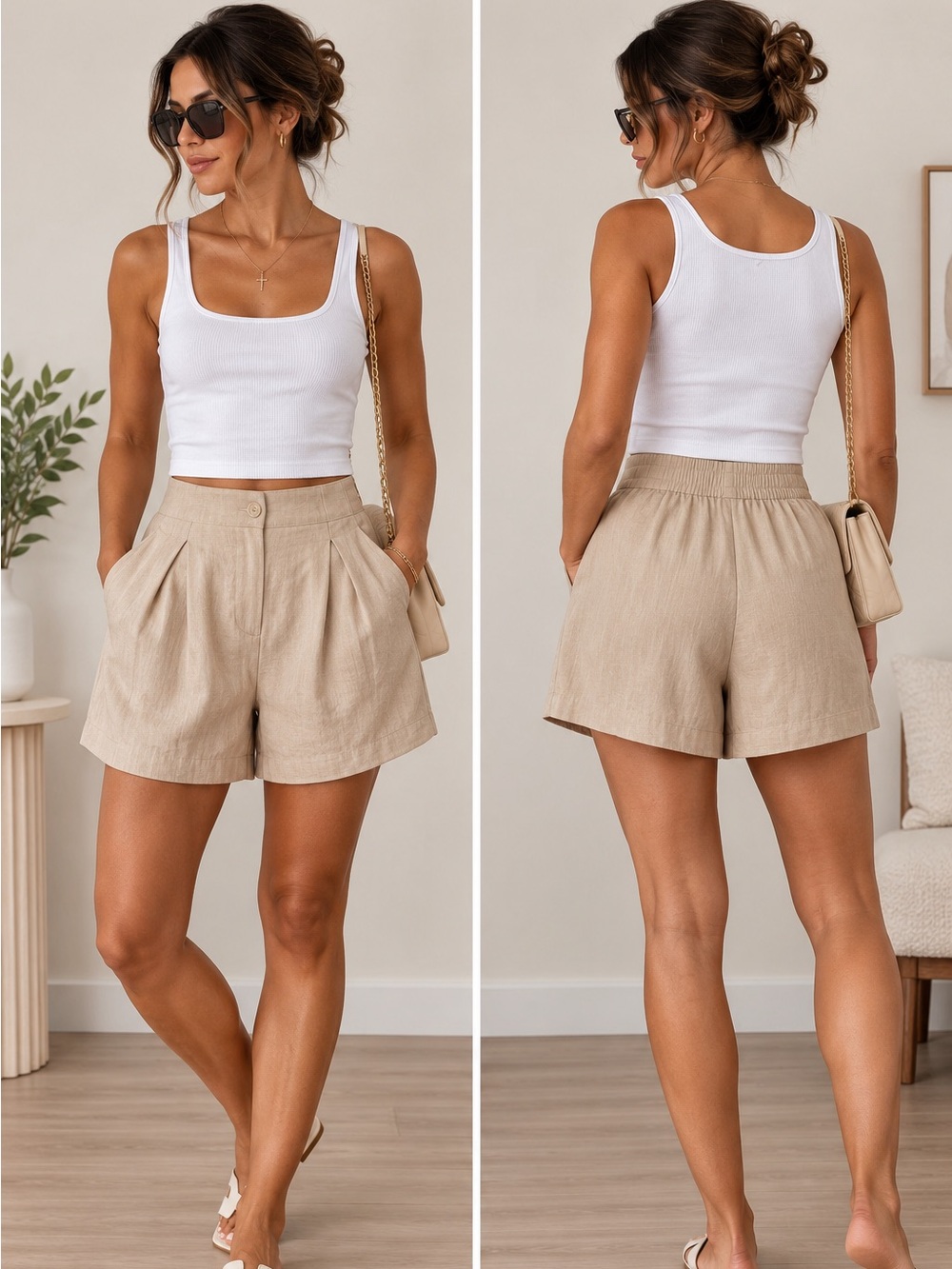 Coastal Tan Linen High Rise Pleated Shorts Paper Heart XL